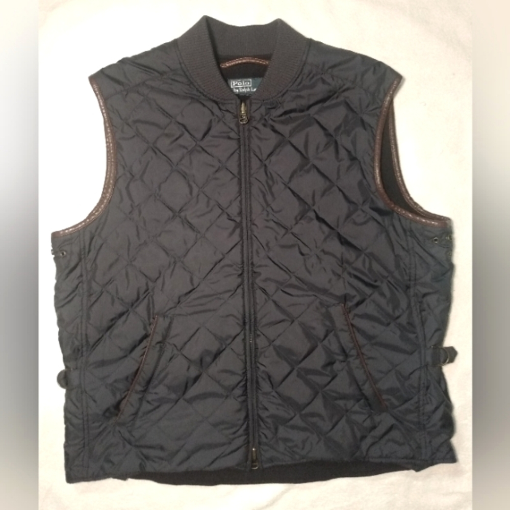 Polo by Ralph Lauren Navy Quilted Vest with Brown Trim